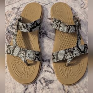 CROCS Women's Snake Print Sandals - Black and Tan